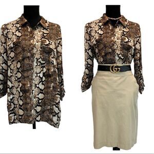 BROWN tan animal snake print button down shirt Sz L